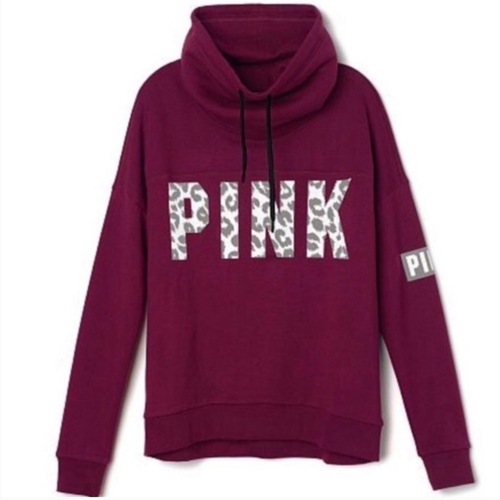 PINK Maroon Hoodie with Reflective Leopard Print